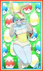 Size: 1200x2000 | Tagged: suggestive, artist:acesrockz, derpibooru import, rainbow dash, equestria girls, blushing, breasts, bunny ears, bunny suit, clothes, easter, easter egg, embarrassed, female, image, leotard, looking at you, playboy bunny, playboy bunny rainbow dash, png, rainbow dash is not amused, small breasts, solo, solo female, unamused