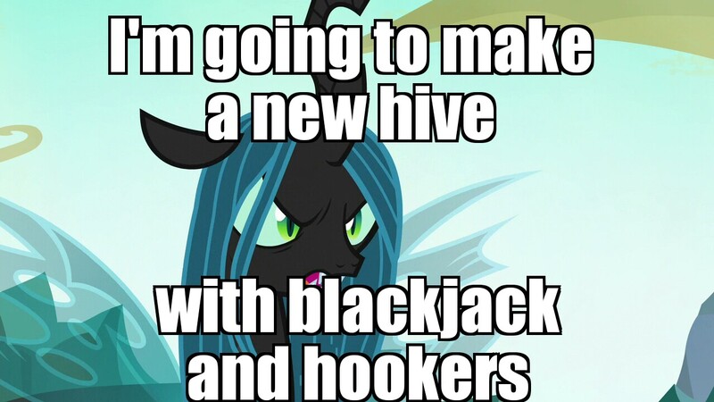 Size: 1280x720 | Tagged: angry, blackjack and hookers, changeling, changeling queen, derpibooru import, edit, edited screencap, female, former queen chrysalis, futurama, image macro, meme, queen chrysalis, screencap, suggestive, to where and back again