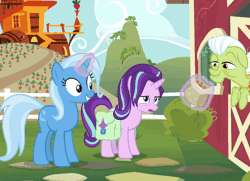 Size: 694x503 | Tagged: safe, derpibooru import, screencap, granny smith, starlight glimmer, trixie, pony, all bottled up, animated, cinnamon nuts, food, gif, magic override, pure unfiltered evil, saddle bag, throwing