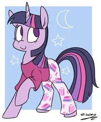 Size: 514x618 | Tagged: safe, artist:espeonna, derpibooru import, twilight sparkle, pony, unicorn, abstract background, book, bookhorse, clothes, cute, female, mare, moon, pajamas, raised hoof, raised leg, signature, smiling, solo, stars, twiabetes