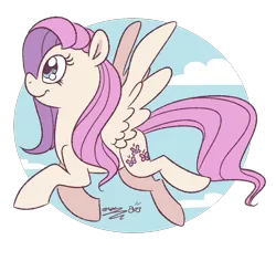 Size: 935x883 | Tagged: safe, artist:espeonna, derpibooru import, fluttershy, pegasus, pony, flying, profile, smiling, solo, spread wings, wings