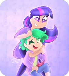 Size: 1000x1100 | Tagged: safe, artist:siggie740, derpibooru import, spike, twilight sparkle, human, clothes, cute, duo, humanized, noogie, open mouth, smiling, spikabetes, twiabetes