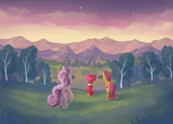 Size: 1400x1000 | Tagged: adventure, apple bloom, artist:kallarmo, cutie mark, cutie mark crusaders, derpibooru import, field, rear view, safe, scenery, scootaloo, sky, stars, sweetie belle, the cmc's cutie marks, trio