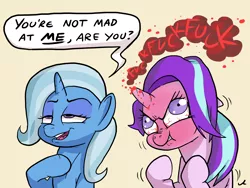 Size: 4800x3606 | Tagged: safe, artist:docwario, derpibooru import, starlight glimmer, trixie, pony, unicorn, all bottled up, absurd resolution, anger magic, angry, bloodshot eyes, dialogue, female, floppy ears, fuck, lidded eyes, magic, mare, nose wrinkle, rage, simple background, smiling, smirk, vulgar, yellow background