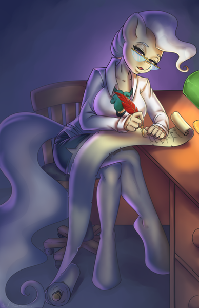 Size: 801x1239 | Tagged: safe, artist:bumblebun, derpibooru import, mayor mare, anthro, earth pony, unguligrade anthro, breasts, busty mayor mare, clothes, crossed legs, desk, female, glasses, lamp, list, mare, quill, scroll, solo, writing