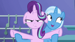 Size: 902x508 | Tagged: safe, derpibooru import, screencap, starlight glimmer, trixie, pony, unicorn, all bottled up, animated, cute, diatrixes, duo, floppy ears, gif, inconvenient trixie, loop, starlight is not amused, trixie's puppeteering, unamused