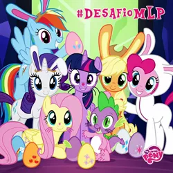 Size: 1200x1200 | Tagged: safe, derpibooru import, official, applejack, fluttershy, pinkie pie, rainbow dash, rarity, spike, twilight sparkle, twilight sparkle (alicorn), alicorn, dragon, pony, animal costume, brazil, bunny costume, bunny ears, clothes, costume, easter, mane seven, mane six, my little pony logo, portuguese