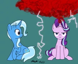 Size: 706x577 | Tagged: safe, artist:pheeph, derpibooru import, starlight glimmer, trixie, pony, unicorn, all bottled up, anger magic, angry, female, lightning, magic, mare, scared