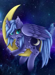 Size: 2385x3250 | Tagged: artist:infanio, cheek fluff, chest fluff, derpibooru import, ear fluff, eye reflection, fluffy, moon, princess luna, prone, reflection, s1 luna, safe, solo, space, stars, tangible heavenly object