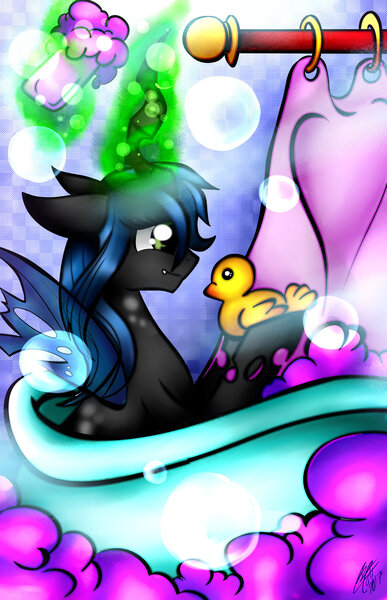 Size: 1024x1588 | Tagged: artist:ebonyinkstone, bath, bathroom, bathtub, changeling, color porn, derpibooru import, levitation, magic, open mouth, queen chrysalis, rubber duck, safe, solo, telekinesis