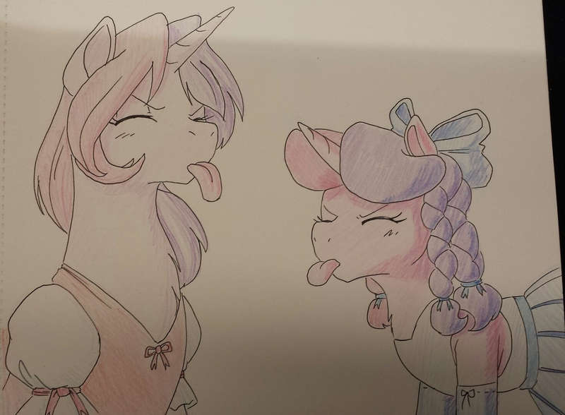 Size: 1280x940 | Tagged: safe, artist:goat train, deleted from derpibooru, derpibooru import, oc, oc:gloomy, oc:marker pony, unofficial characters only, pony, 4chan, clothes, commission, dress, eyes closed, raspberry, tongue out, traditional art