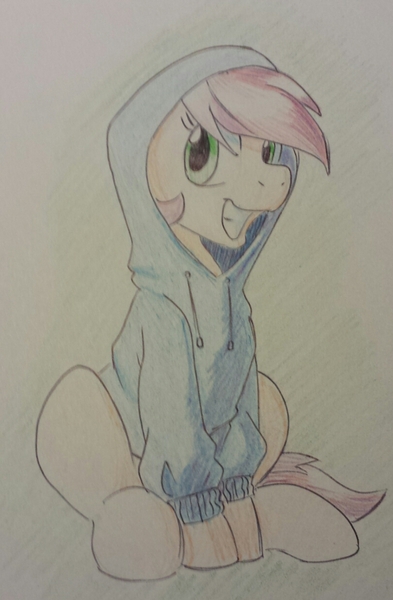 Size: 811x1238 | Tagged: safe, artist:goat train, deleted from derpibooru, derpibooru import, roseluck, pony, clothes, commission, hoodie, sitting, smiling, solo, traditional art