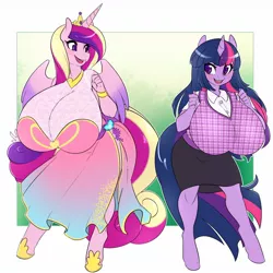 Size: 1280x1280 | Tagged: anthro, artist:spazzykoneko, big breasts, breasts, busty princess cadance, busty twilight sparkle, clothes, derpibooru import, female, huge breasts, impossibly large breasts, open mouth, princess cadance, suggestive, sunshine sunshine, twilight sparkle, unguligrade anthro, unmoving plaid