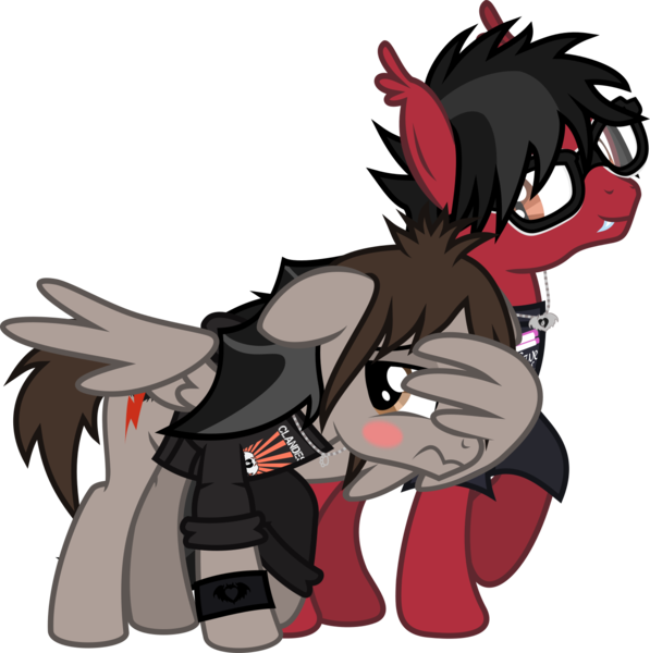 Size: 1459x1466 | Tagged: safe, artist:lightningbolt, derpibooru import, ponified, bat pony, pegasus, pony, .svg available, bat wings, blush sticker, blushing, clandestine industries, clothes, clothes swap, ear fluff, embarrassed, emo, facewing, fall out boy, fangs, floppy ears, gay, glasses, hoodie, hug, jewelry, looking back, male, messy mane, mikey way, my chemical romance, necklace, pete wentz, raised hoof, rolled up sleeves, shipping, shirt, shy, simple background, slit eyes, stallion, svg, t-shirt, transparent background, vector, walking, wing hands, winghug, wristband