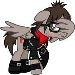 Size: 1194x1198 | Tagged: safe, artist:lightningbolt, derpibooru import, ponified, pegasus, pony, .svg available, blush sticker, blushing, clandestine industries, clothes, embarrassed, facewing, floppy ears, glasses, jacket, looking back, male, mikey way, my chemical romance, raised hoof, rolled up sleeves, scarf, shirt, shoes, simple background, socks, solo, stallion, svg, transparent background, undershirt, vector, walking, wing hands, wristband