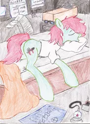 Size: 1614x2200 | Tagged: artist:wyren367, blueprint, burnt toast, colored pencil drawing, derpibooru import, messy bed, messy mane, oc, oc:scratch build, safe, sleeping, sleep talking, traditional art, unofficial characters only