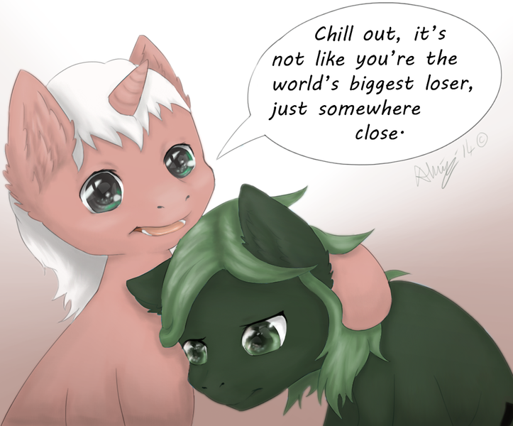 Size: 1035x859 | Tagged: safe, artist:e-pon, derpibooru import, oc, oc:archi documentum, oc:minus, unofficial characters only, earth pony, pony, unicorn, male, simple background, speech bubble, stallion, text