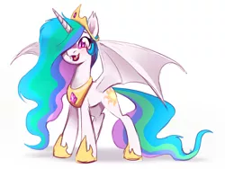 Size: 1382x1041 | Tagged: safe, artist:imalou, derpibooru import, princess celestia, alicorn, bat pony, bat pony alicorn, pony, 4chan, bat ponified, crown, cute, cute little fangs, cutelestia, drawthread, fangs, female, hoof shoes, horseshoes, jewelry, mare, open mouth, peytral, race swap, regalia, simple background, smiling, solo, sunbat