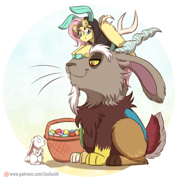 Size: 900x910 | Tagged: safe, artist:inuhoshi-to-darkpen, derpibooru import, angel bunny, discord, fluttershy, pegasus, pony, rabbit, bunny ears, clothes, costume, cute, dangerous mission outfit, discute, easter, easter egg, feathered fetlocks, female, goggles, hoodie, mare, patreon, patreon logo, shyabetes, sitting on head, smiling, trio