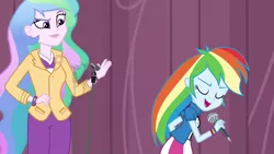 Size: 1280x720 | Tagged: safe, derpibooru import, screencap, princess celestia, rainbow dash, equestria girls, friendship games, clothes, curtain, eyes closed, microphone, motion blur, open mouth, pants, principal celestia, skirt, wristband