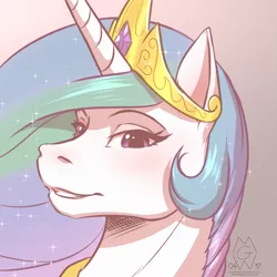 Size: 1425x1425 | Tagged: safe, artist:mykegreywolf, derpibooru import, princess celestia, alicorn, pony, bust, crown, female, hoers, jewelry, looking at you, mare, portrait, regalia, smiling, solo, sparkling