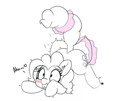 Size: 1280x1030 | Tagged: suggestive, artist:pabbley, derpibooru import, pinkie pie, pony, blushing, female, magic, offscreen character, partial color, pillow, pillow fight, simple background, solo, solo female, spanking, tail pull, white background