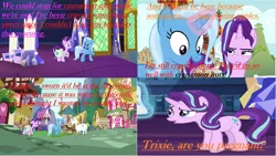 Size: 2732x1540 | Tagged: safe, derpibooru import, edit, edited screencap, screencap, bulk biceps, starlight glimmer, trixie, pony, unicorn, all bottled up, every little thing she does, caption, cinnamon nuts, female, food, implied pregnancy, mare, twilight's castle