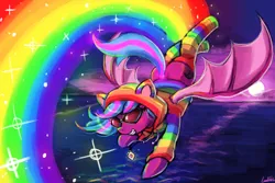 Size: 3000x2000 | Tagged: safe, artist:lumineko, derpibooru import, oc, oc:spanking shade, unofficial characters only, bat pony, pony, cat ears, clothes, cute, cutie mark, female, goggles, hoodie, nyan cat, parkour, rainbow socks, rainbows, socks, solo, sparkly, striped socks