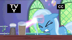 Size: 640x358 | Tagged: safe, artist:x-saltedfish, derpibooru import, edit, edited screencap, screencap, trixie, pony, unicorn, all bottled up, animated, chocolate, chocolate milk, exploitable meme, fail, female, gif, mare, meme, milk, nice try asshole, perfect loop, pure unfiltered evil, solo, spilled milk, tv-y