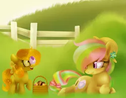 Size: 1280x1000 | Tagged: artist:starchasesketches, bow, derpibooru import, easter, easter egg, female, fence, filly, flower, grass, grass field, hat, hooves up, lying down, oc, oc:easter paint, oc:peep sweetie, safe, sparkles, sparkly mane, spring, unofficial characters only