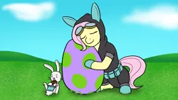 Size: 1280x720 | Tagged: safe, artist:mkogwheel, derpibooru import, angel bunny, fluttershy, pegasus, pony, bunny ears, chocolate, clothes, costume, dangerous mission outfit, easter, easter egg, female, food, goggles, hoodie, hug, mare, smiling