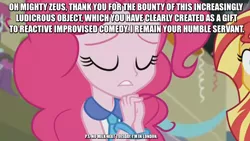 Size: 1136x640 | Tagged: safe, derpibooru import, edit, screencap, mystery mint, pinkie pie, sunset shimmer, equestria girls, friendship games, ashens, bracelet, image macro, jewelry, meme, necktie, pinkie pie praying, youtube link, zeus