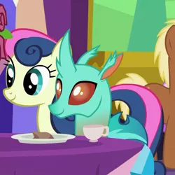 Size: 571x571 | Tagged: safe, derpibooru import, screencap, bon bon, cornicle, meadow song, sweetie drops, changedling, changeling, earth pony, pony, celestial advice, background changeling, background pony, cropped, cup, duo focus, ponies standing next to each other, teacup