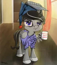 Size: 2556x2934 | Tagged: safe, artist:chopsticks, derpibooru import, oc, oc:chopsticks, unofficial characters only, pegasus, pony, cheek fluff, chest fluff, clothes, cup, cute, cutie mark, floor, funny, hat, humor, male, morning after, morning ponies, mug, nightcap, shirt, solo, stallion, text, tired, window