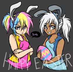 Size: 789x779 | Tagged: artist:moonabelle, bunny ears, derpibooru import, easter, easter egg, human, humanized, magical lesbian spawn, oc, oc:firework, oc:silvery snowcloud, offspring, parent:double diamond, parent:firefly, parent:night glider, parents:fireprise, parents:nightdiamond, parent:surprise, safe, unofficial characters only