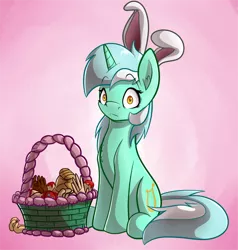 Size: 1024x1074 | Tagged: semi-grimdark, artist:witchtaunter, derpibooru import, lyra heartstrings, pony, unicorn, basket, bunny ears, chest fluff, disembodied hand, hand, handbasket, shrunken pupils, sitting, solo, that pony sure does love hands, wide eyes