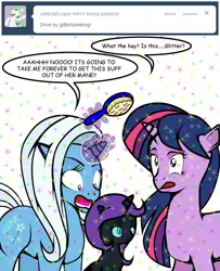 Size: 488x600 | Tagged: safe, artist:dekomaru, derpibooru import, trixie, twilight sparkle, oc, oc:nyx, alicorn, pony, tumblr:ask twixie, ask, comb, female, glitter, lesbian, magic, shipping, tumblr, twixie