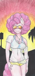 Size: 2761x5977 | Tagged: absurd resolution, afro, alternate hairstyle, anthro, artist:flicker-show, bra, breasts, clothes, derpibooru import, female, mare, pinkie pie, see-through, shorts, silhouette, solo, solo female, suggestive, sunglasses, sunset, traditional art, underwear