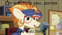 Size: 1280x720 | Tagged: safe, derpibooru import, edit, edited screencap, screencap, dave the intern, earth pony, pony, all bottled up, always watching, braces, clock, clothes, glasses, image macro, male, meme, microphone, monsters inc., roz, shirt, smiley face, solo, stallion