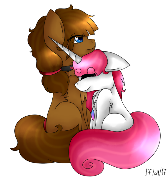 Size: 841x883 | Tagged: safe, artist:pinkpearlmlp, derpibooru import, oc, oc:pink lovely neko, unofficial characters only, earth pony, pony, unicorn, female, mare, neck nuzzle, nuzzling, simple background, transparent background