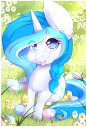 Size: 800x1167 | Tagged: safe, artist:teranen, derpibooru import, oc, oc:bubble lee, unofficial characters only, pony, unicorn, chick, chicks, colored pupils, cute, easter, easter egg, eye clipping through hair, female, freckles, gift art, looking at you, mare, ocbetes, smiling, solo, tongue out