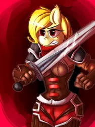 Size: 900x1200 | Tagged: anthro, anthro oc, armor, artist:passigcamel, breasts, clothes, derpibooru import, female, gloves, gritted teeth, mare, oc, oc:melisa, safe, shoulder pads, solo, sword, unofficial characters only, warrior, weapon
