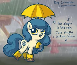 Size: 1058x900 | Tagged: safe, artist:mcponyponypony, derpibooru import, oc, oc:blue velvet, unofficial characters only, earth pony, pony, female, mare, mud, rain, rain boots, singin' in the rain, singing, solo, song reference, umbrella