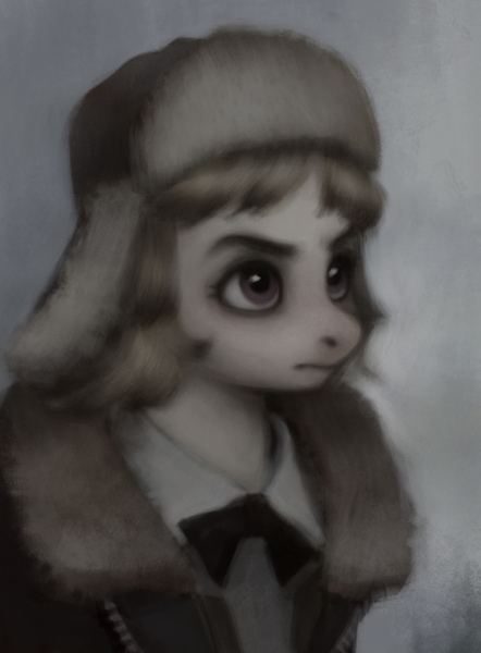 Size: 1299x1763 | Tagged: safe, artist:exclusionzone, derpibooru import, march gustysnows, earth pony, pony, bust, clothes, hat, jacket, looking up, portrait, shirt, solo, ushanka