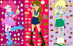 Size: 1332x850 | Tagged: safe, artist:catdragon4, derpibooru import, derpy hooves, pinkie pie, oc, oc:sweet melody, equestria girls, balloon, boots, bracelet, clothes, cookie, cupcake, cute, denim skirt, eyes closed, flip-flops, food, high heel boots, jewelry, looking at you, muffin, necktie, raised leg, sandals, skirt, socks