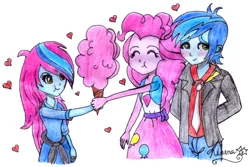 Size: 500x333 | Tagged: safe, artist:lovelygirlmusicer, derpibooru import, pinkie pie, thunderbass, oc, equestria girls, clothes, cotton candy, cute, family, female, food, male, pinkiebass, shipping, skirt, straight, traditional art