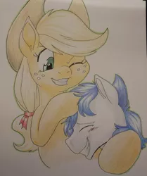 Size: 1069x1281 | Tagged: safe, artist:goat train, artist:sugaryviolet, derpibooru import, applejack, oc, pony, commission, eyes closed, noogie, one eye closed, smiling, traditional art