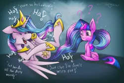 Size: 3000x2000 | Tagged: safe, artist:ferasor, derpibooru import, princess celestia, twilight sparkle, twilight sparkle (alicorn), alicorn, pony, celestial advice, crown, duo, female, jewelry, laughing, mare, regalia