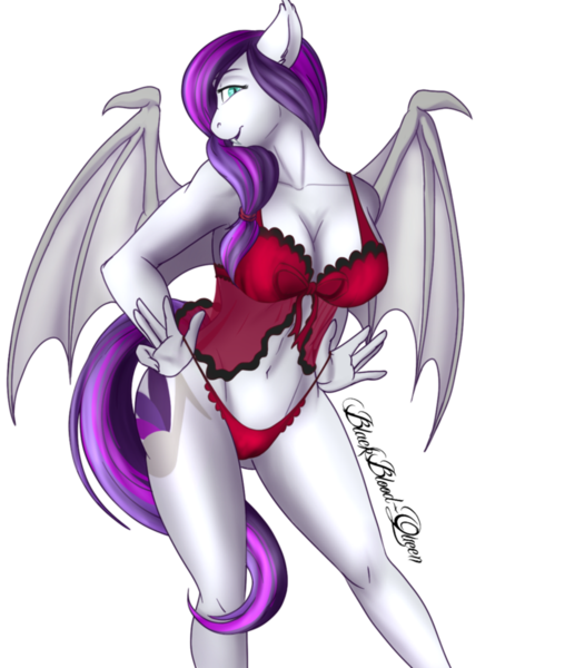 Size: 822x971 | Tagged: suggestive, artist:blackblood-queen, derpibooru import, oc, oc:sweet hum, unofficial characters only, anthro, bat pony, anthro oc, babydoll, belly button, breasts, cleavage, clothes, fangs, female, lingerie, looking at you, mare, milf, nightgown, panties, simple background, smiling, solo, solo female, transparent background, underwear