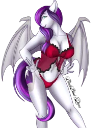 Size: 822x971 | Tagged: suggestive, artist:blackblood-queen, derpibooru import, oc, oc:sweet hum, unofficial characters only, anthro, bat pony, anthro oc, babydoll, belly button, breasts, cleavage, clothes, fangs, female, lingerie, looking at you, mare, milf, nightgown, panties, simple background, smiling, solo, solo female, transparent background, underwear